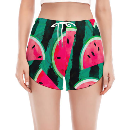 Green Striped Watermelon Pattern Print Women's Split Running Shorts