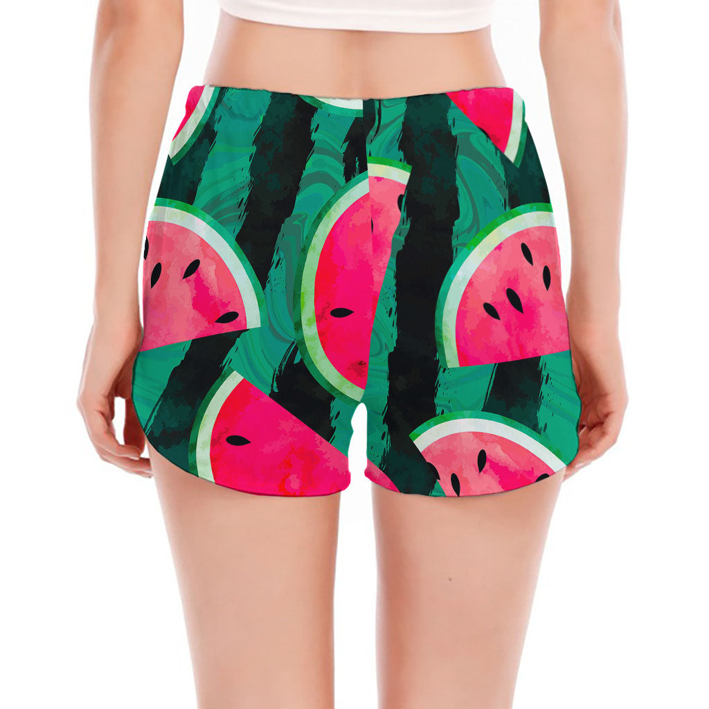 Green Striped Watermelon Pattern Print Women's Split Running Shorts