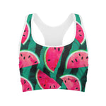 Green Striped Watermelon Pattern Print Women's Sports Bra