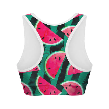 Green Striped Watermelon Pattern Print Women's Sports Bra
