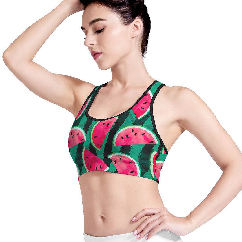 Green Striped Watermelon Pattern Print Women's Sports Bra