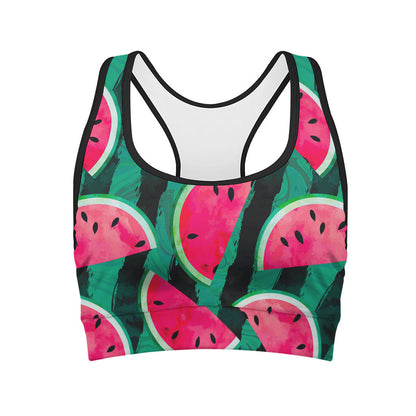 Green Striped Watermelon Pattern Print Women's Sports Bra