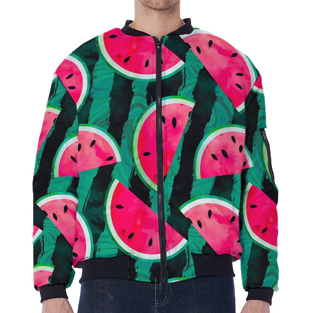 Green Striped Watermelon Pattern Print Zip Sleeve Bomber Jacket