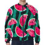Green Striped Watermelon Pattern Print Zip Sleeve Bomber Jacket