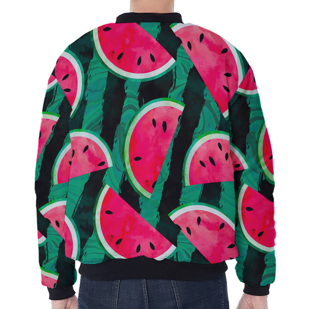 Green Striped Watermelon Pattern Print Zip Sleeve Bomber Jacket