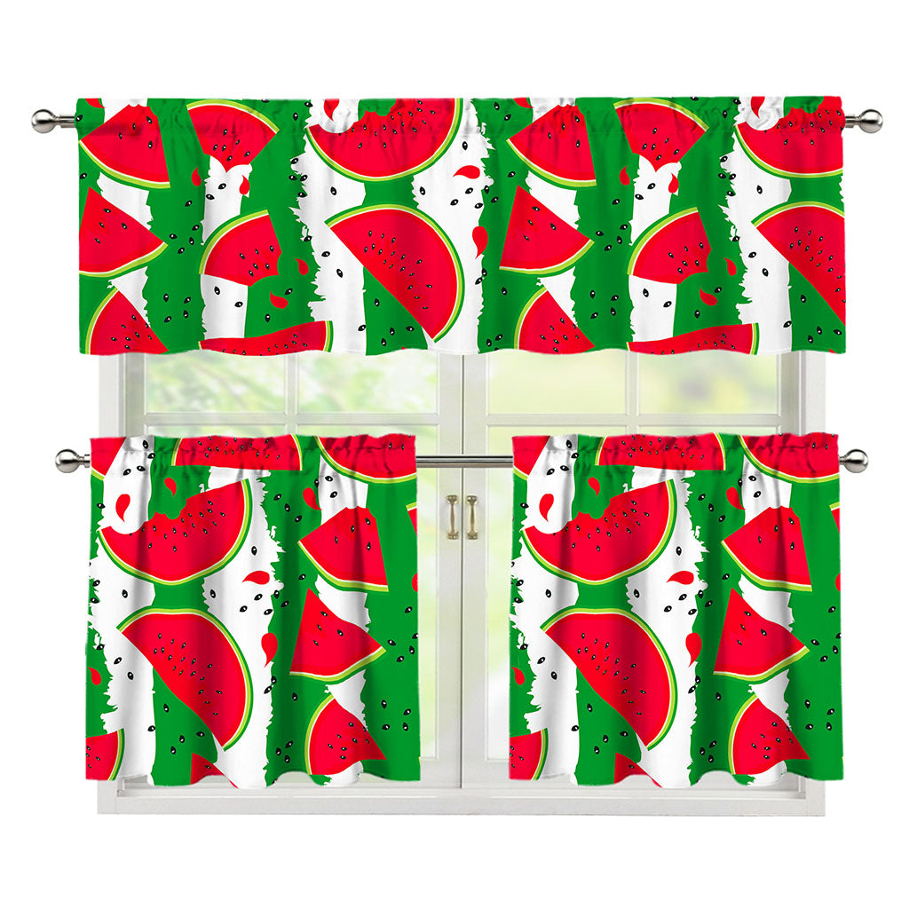Green Stripes Watermelon Pattern Print 3 Piece Kitchen Curtains