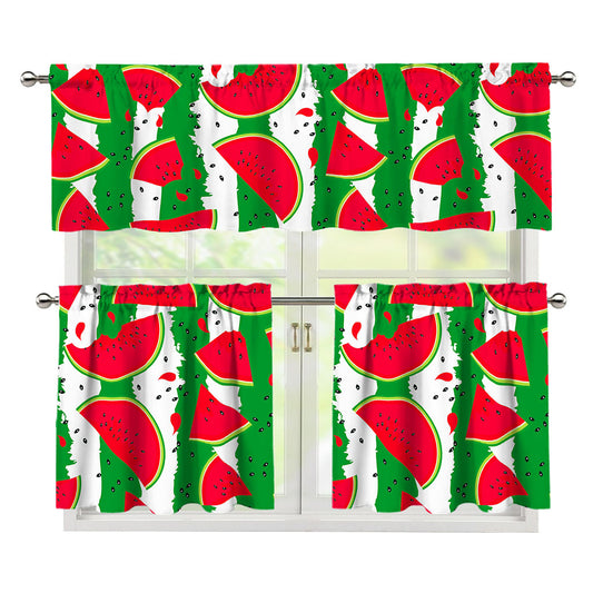 Green Stripes Watermelon Pattern Print 3 Piece Kitchen Curtains