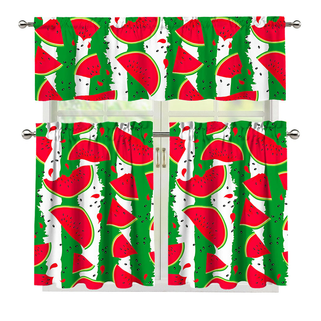 Green Stripes Watermelon Pattern Print 3 Piece Kitchen Curtains