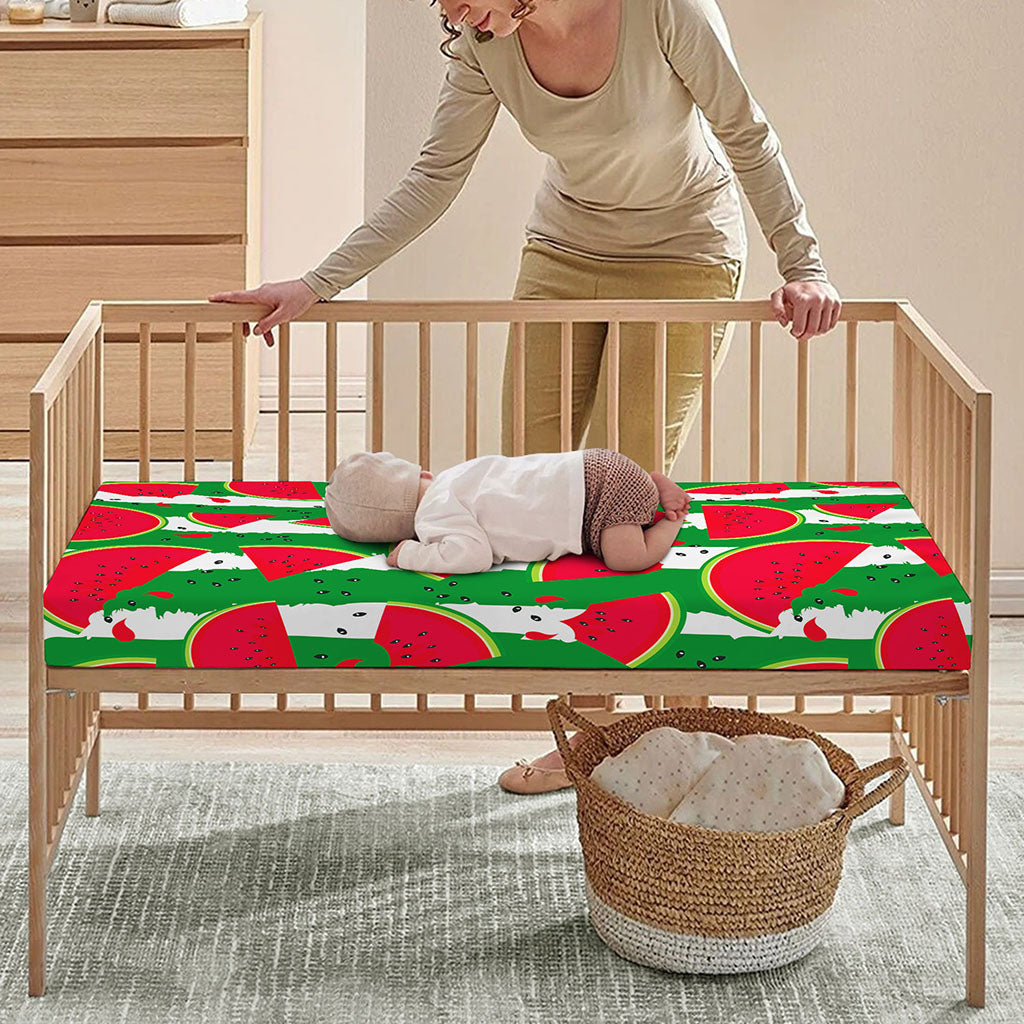 Green Stripes Watermelon Pattern Print Baby Crib Sheet