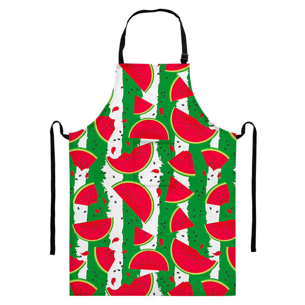 Green Stripes Watermelon Pattern Print Bib Apron With Pocket