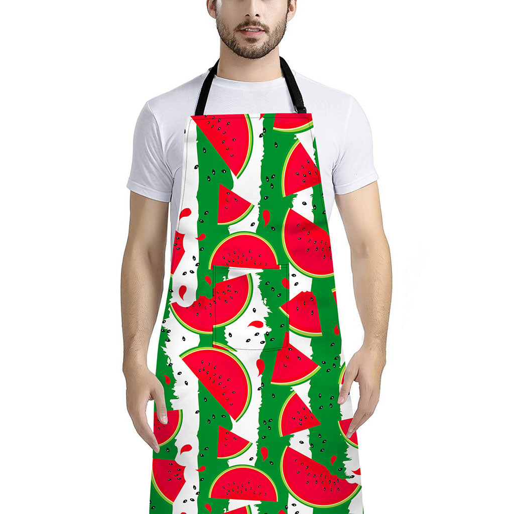 Green Stripes Watermelon Pattern Print Bib Apron With Pocket