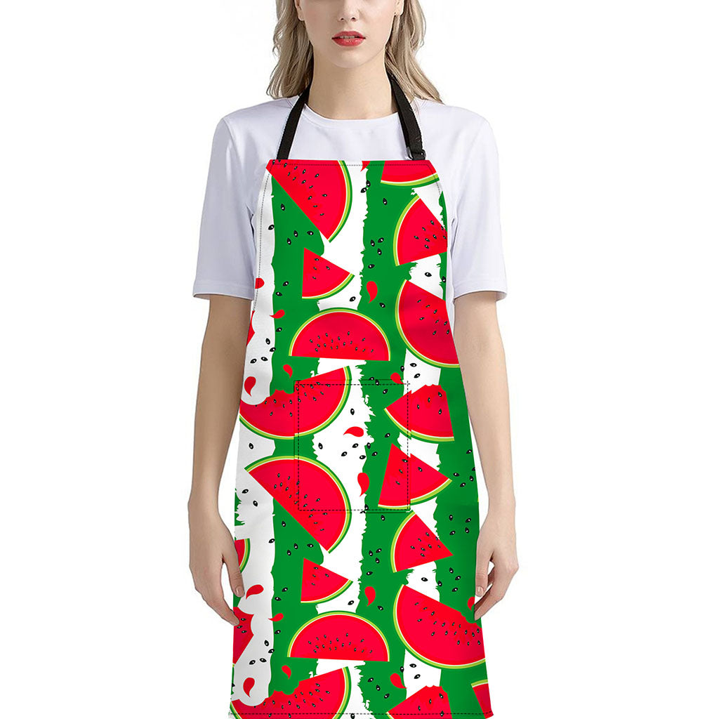 Green Stripes Watermelon Pattern Print Bib Apron With Pocket