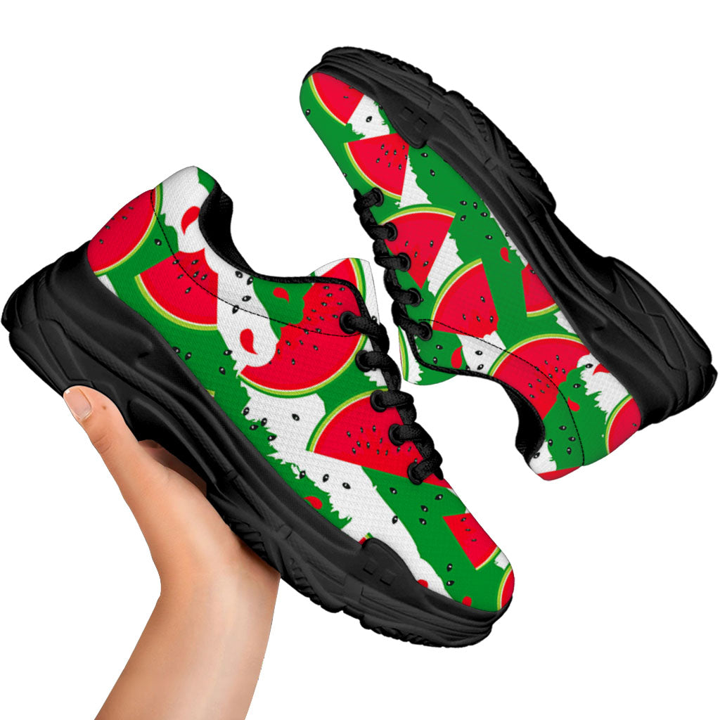 Green Stripes Watermelon Pattern Print Black Chunky Shoes
