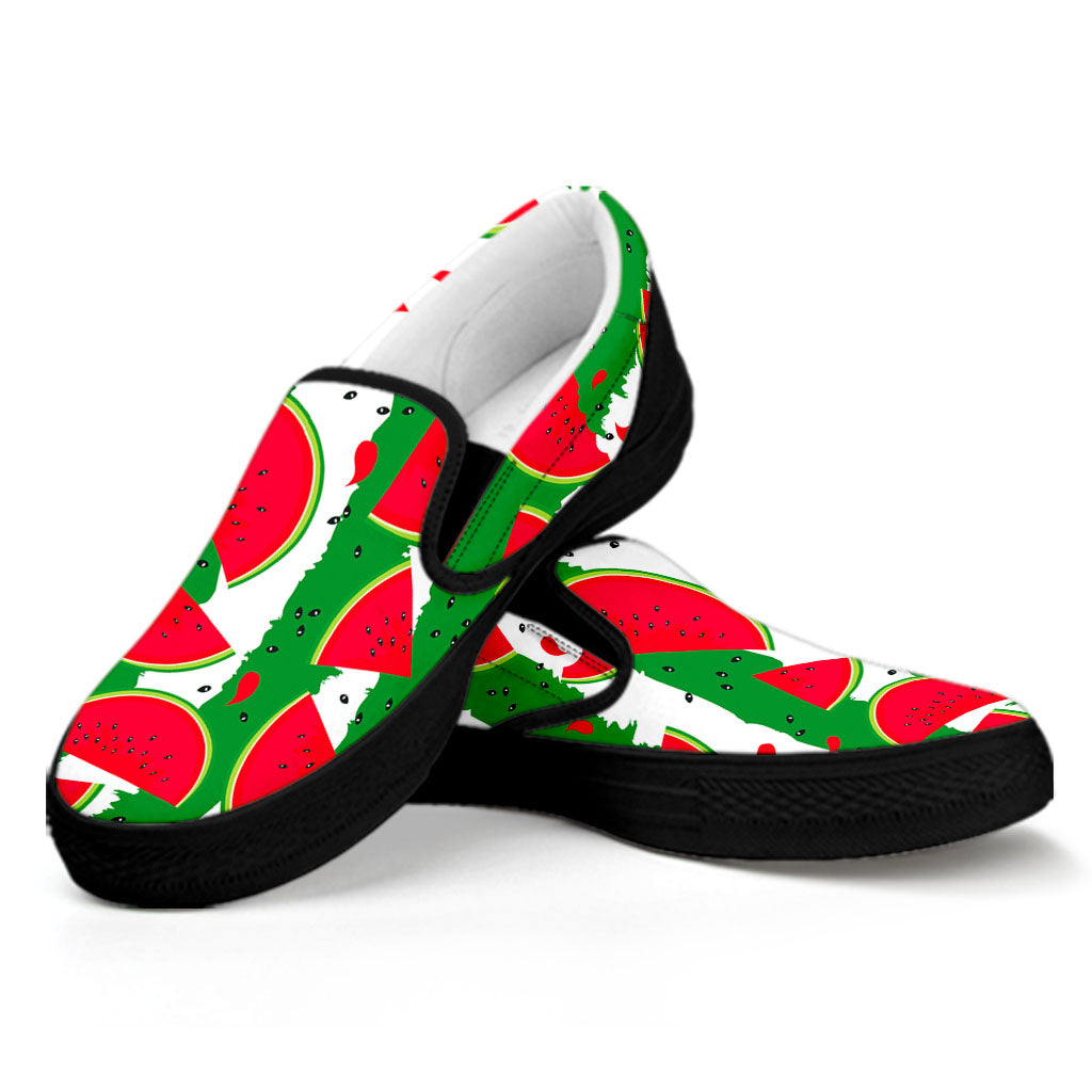 Green Stripes Watermelon Pattern Print Black Slip On Sneakers