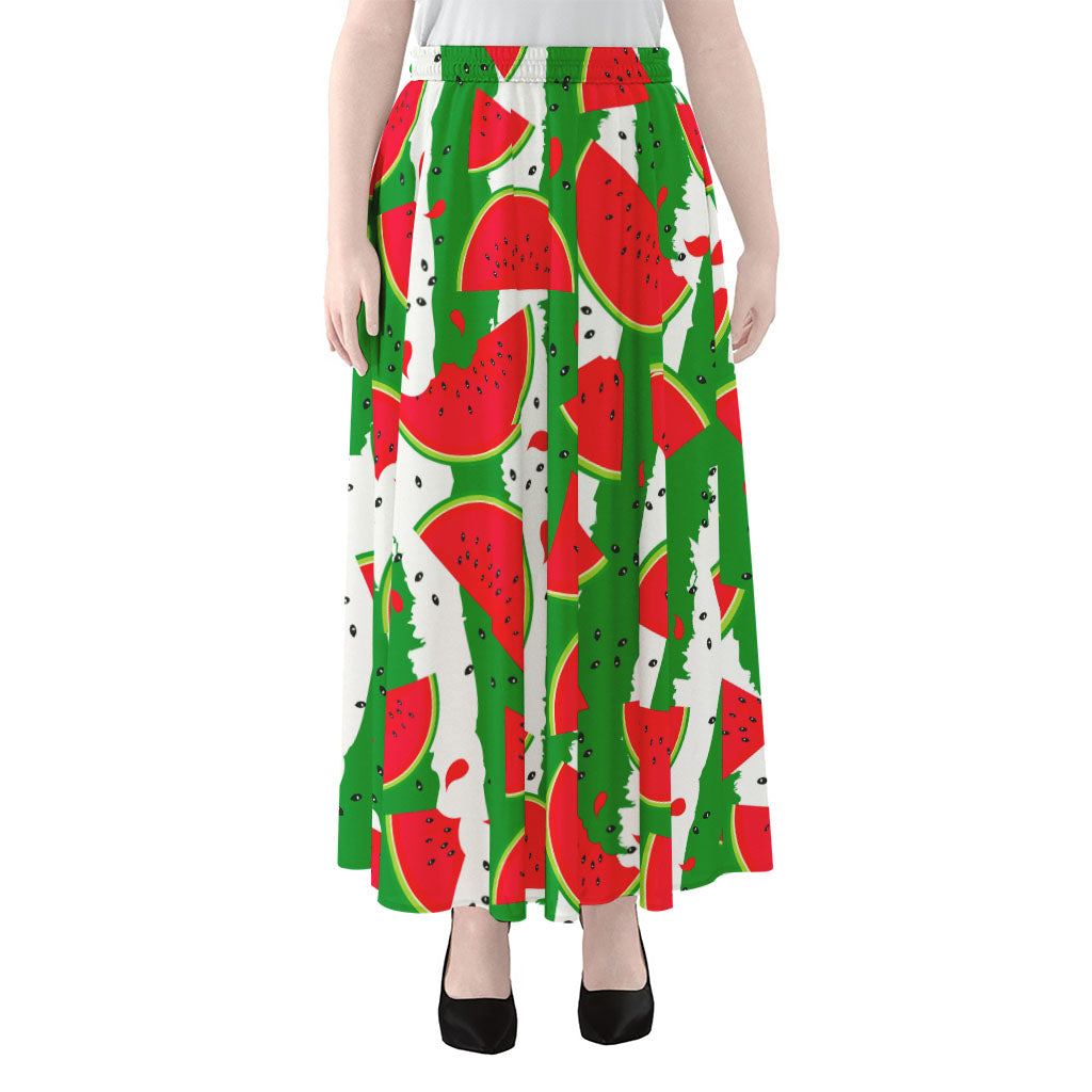 Green Stripes Watermelon Pattern Print Chiffon Maxi Skirt