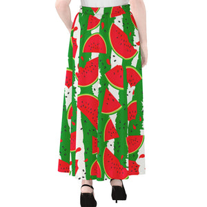 Green Stripes Watermelon Pattern Print Chiffon Maxi Skirt