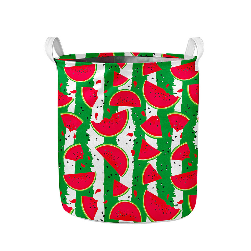 Green Stripes Watermelon Pattern Print Collapsible Laundry Basket