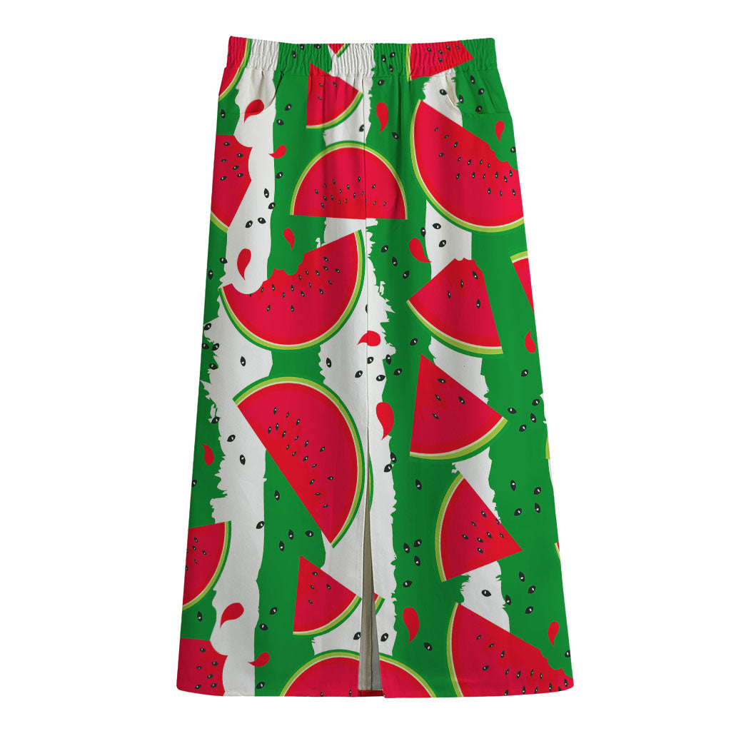 Green Stripes Watermelon Pattern Print Cotton Front Slit Maxi Skirt