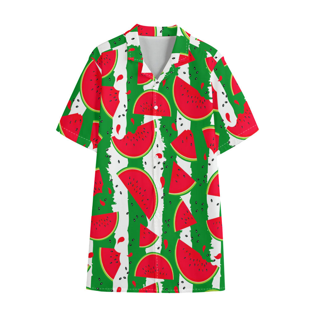 Green Stripes Watermelon Pattern Print Cotton Hawaiian Shirt