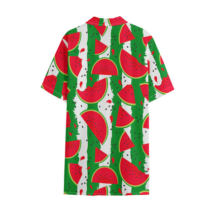 Green Stripes Watermelon Pattern Print Cotton Hawaiian Shirt