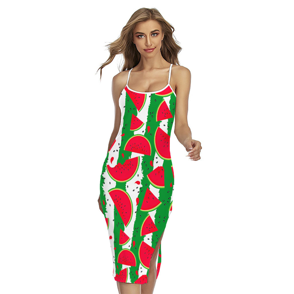 Green Stripes Watermelon Pattern Print Cross Back Cami Dress