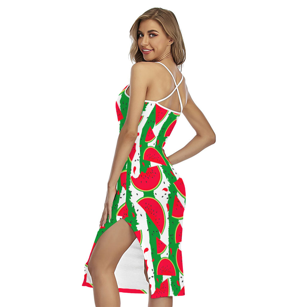 Green Stripes Watermelon Pattern Print Cross Back Cami Dress