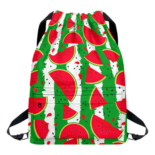 Green Stripes Watermelon Pattern Print Drawstring Backpack