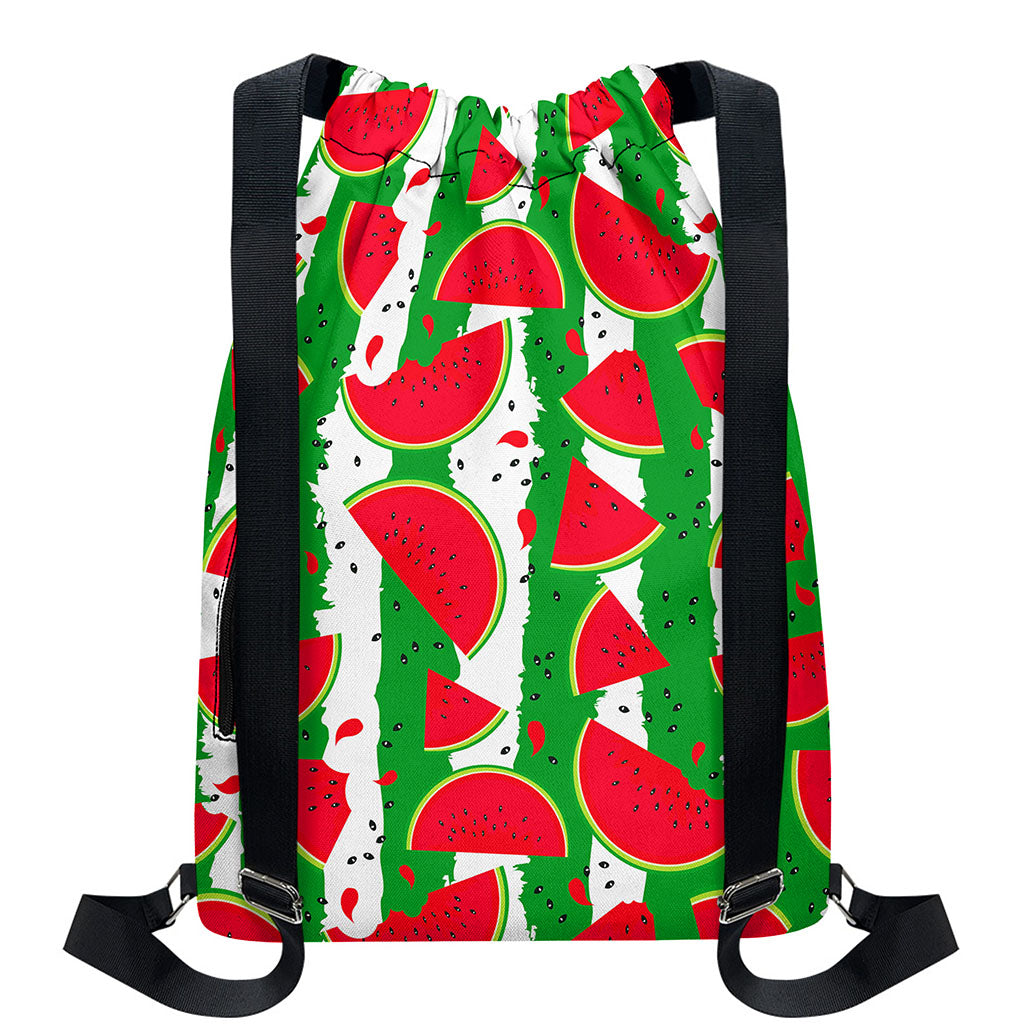 Green Stripes Watermelon Pattern Print Drawstring Backpack