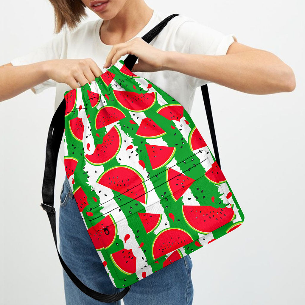 Green Stripes Watermelon Pattern Print Drawstring Backpack
