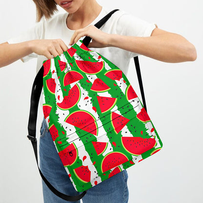 Green Stripes Watermelon Pattern Print Drawstring Backpack