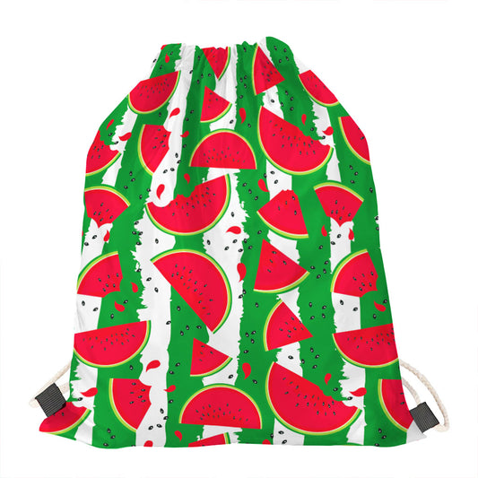 Green Stripes Watermelon Pattern Print Drawstring Bag