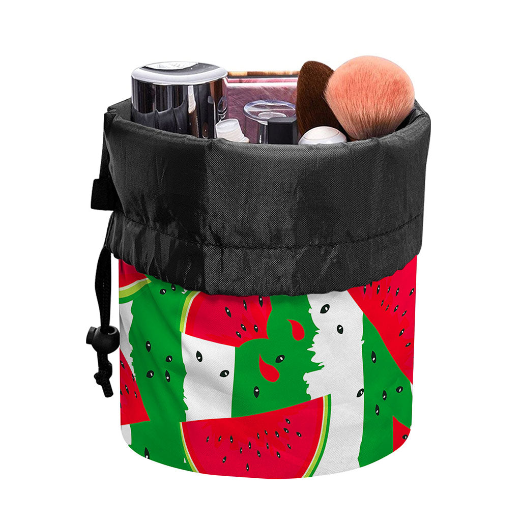 Green Stripes Watermelon Pattern Print Drawstring Makeup Bag