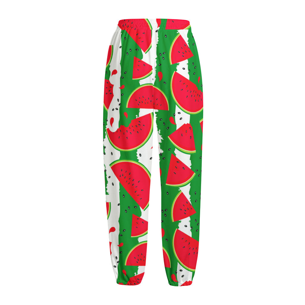 Green Stripes Watermelon Pattern Print Fleece Lined Knit Pants