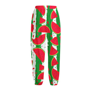 Green Stripes Watermelon Pattern Print Fleece Lined Knit Pants