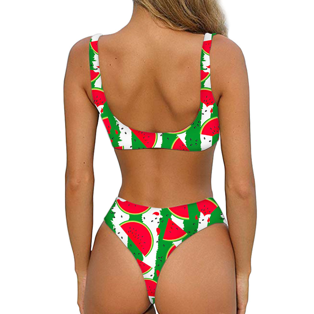 Green Stripes Watermelon Pattern Print Front Bow Tie Bikini