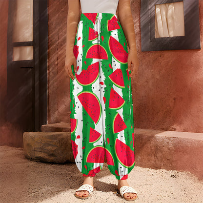 Green Stripes Watermelon Pattern Print Harem Pants