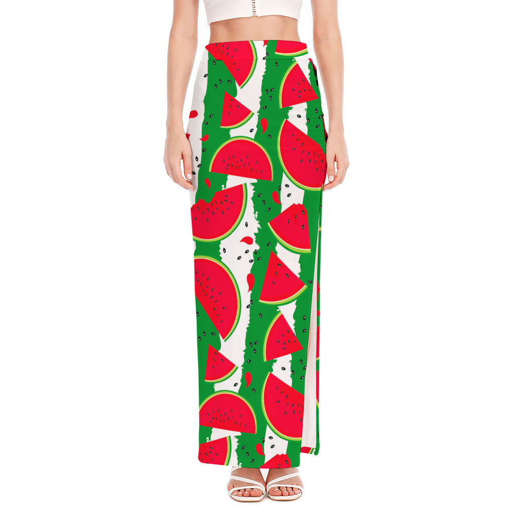 Green Stripes Watermelon Pattern Print High Slit Maxi Skirt