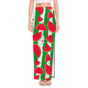 Green Stripes Watermelon Pattern Print High Slit Maxi Skirt