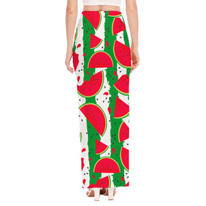 Green Stripes Watermelon Pattern Print High Slit Maxi Skirt