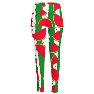 Green Stripes Watermelon Pattern Print High-Waisted Pocket Leggings