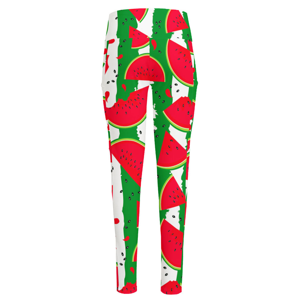 Green Stripes Watermelon Pattern Print High-Waisted Pocket Leggings