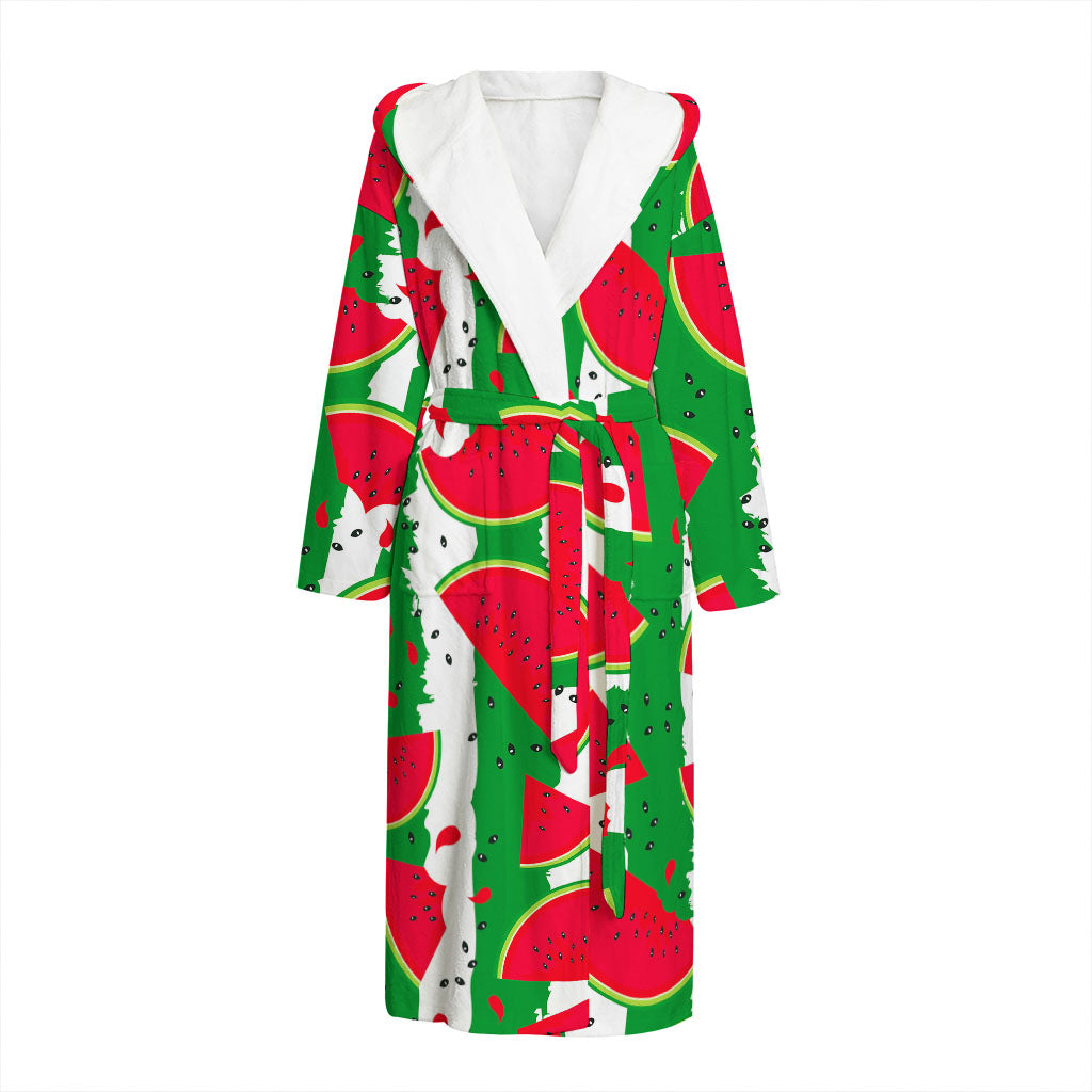 Green Stripes Watermelon Pattern Print Hooded Bathrobe