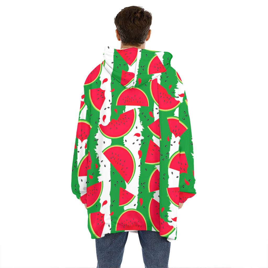 Green Stripes Watermelon Pattern Print Hoodie Blanket