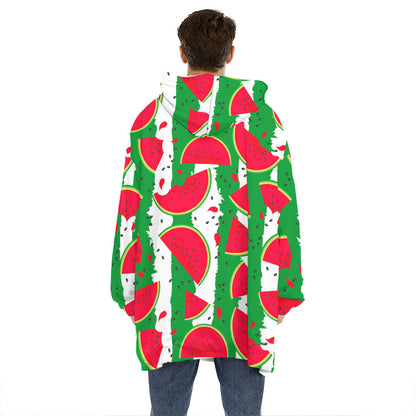 Green Stripes Watermelon Pattern Print Hoodie Blanket