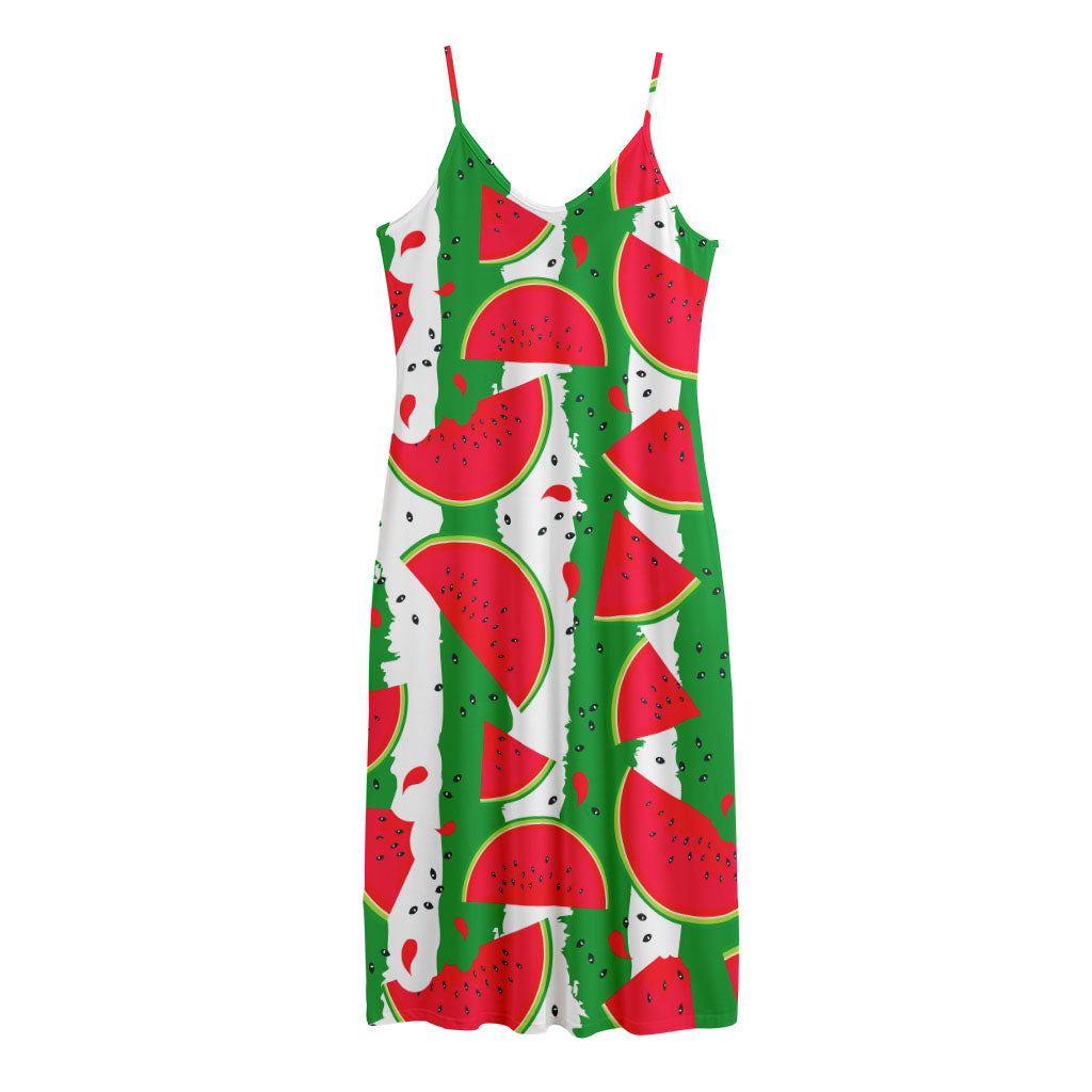 Green Stripes Watermelon Pattern Print Jersey Midi Cami Dress