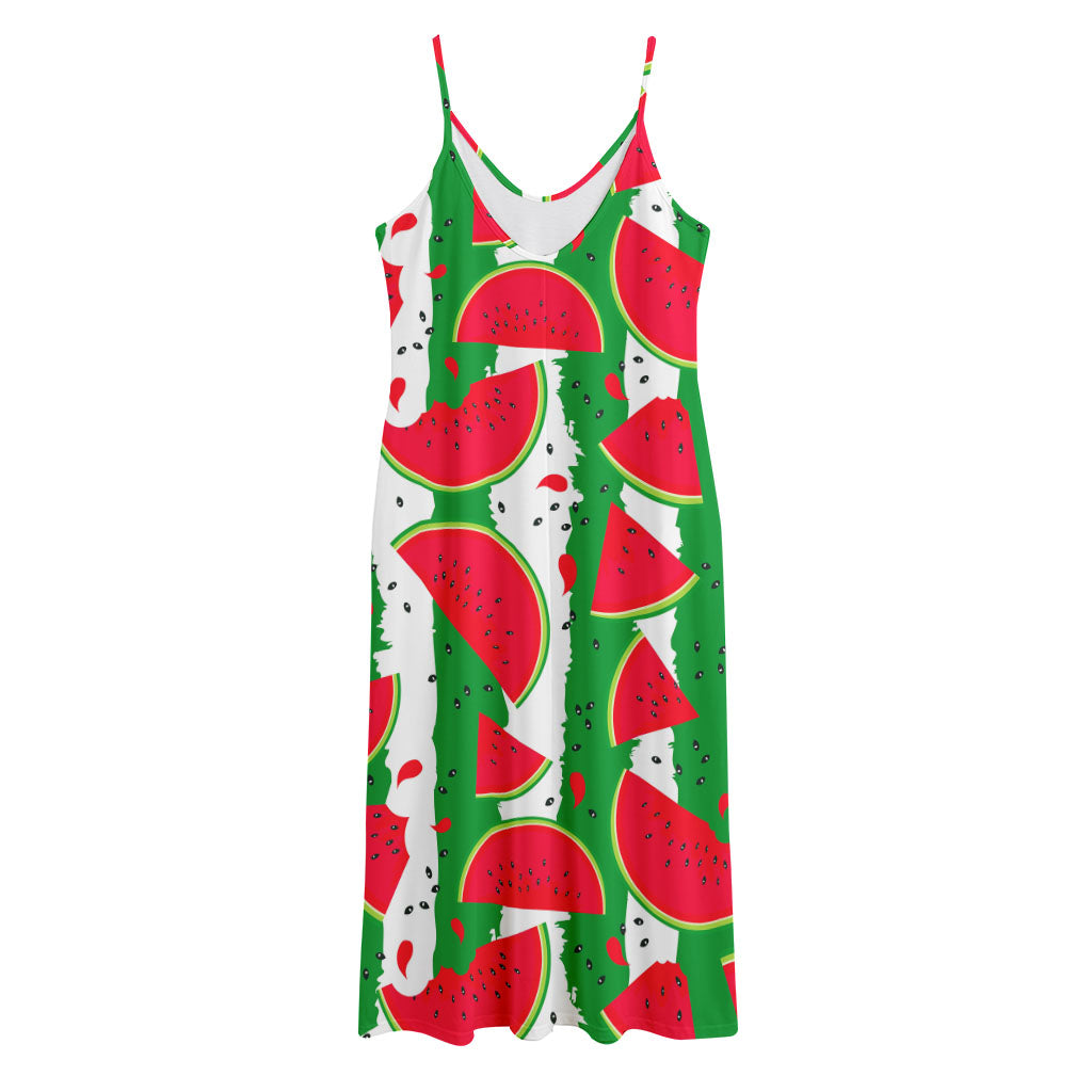 Green Stripes Watermelon Pattern Print Jersey Midi Cami Dress