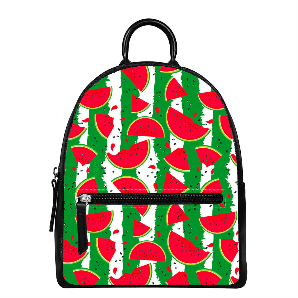 Green Stripes Watermelon Pattern Print Leather Backpack