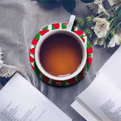 Green Stripes Watermelon Pattern Print Leather Coaster Set