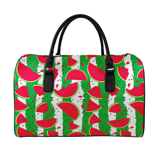 Green Stripes Watermelon Pattern Print Leather Duffle Bag