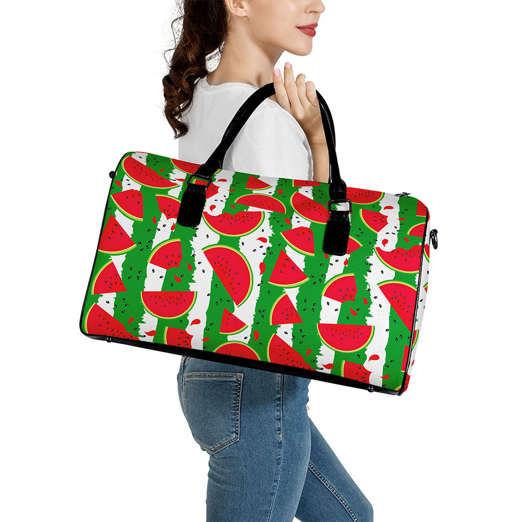 Green Stripes Watermelon Pattern Print Leather Duffle Bag